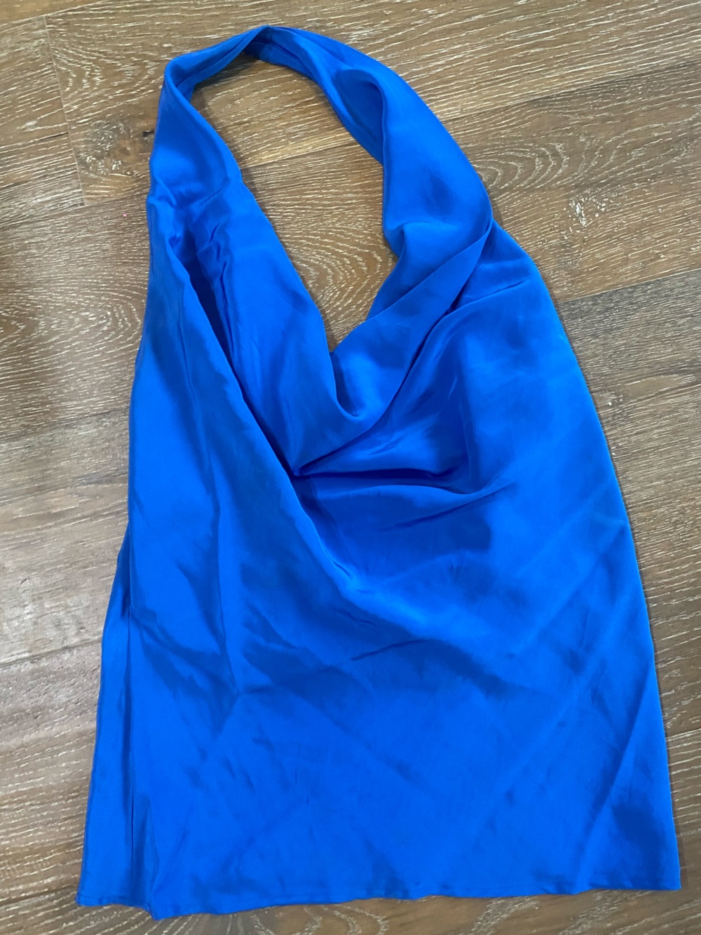 BCBG MaxAzria Blue Silk 90s Y2K Club Cocktail Halter Draped Cowl Top Blouse XS